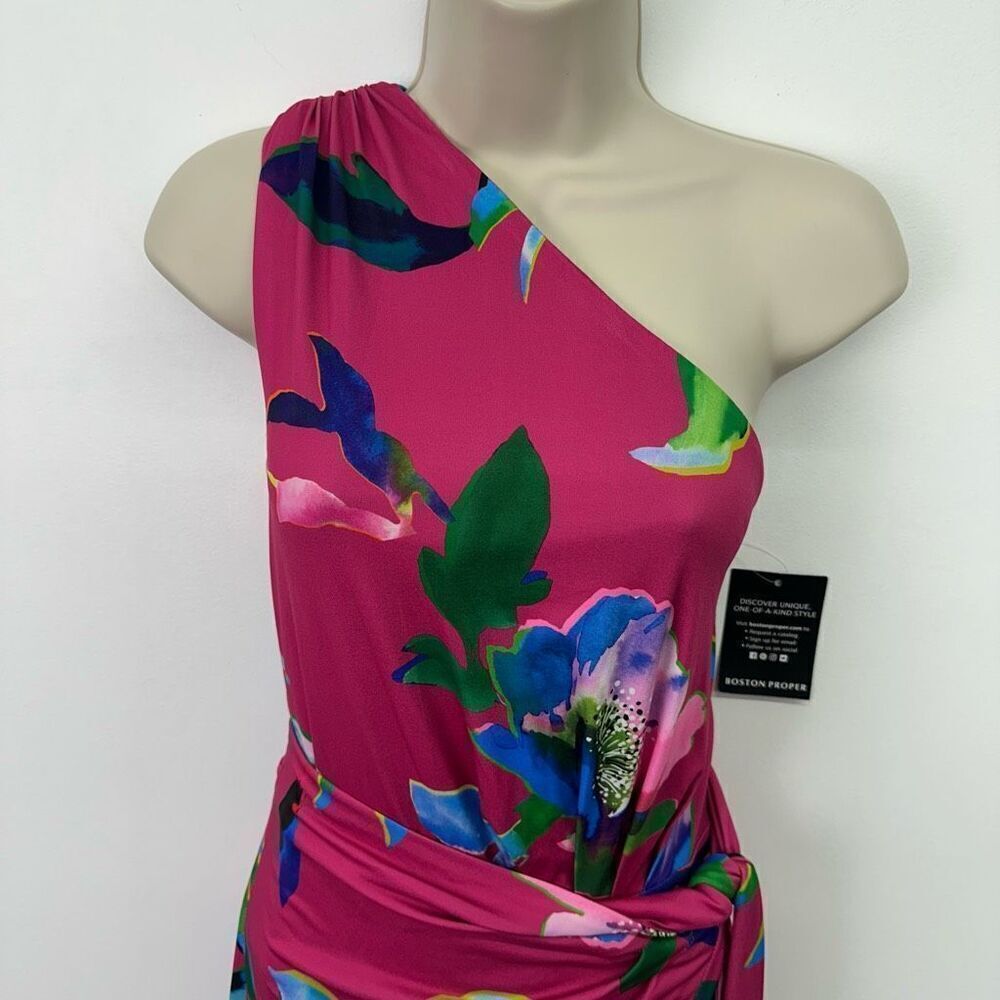 Boston Proper Women’s Pink Floral Multi Watercolor Abstract Print One Shoulder T - Picture 5 of 14